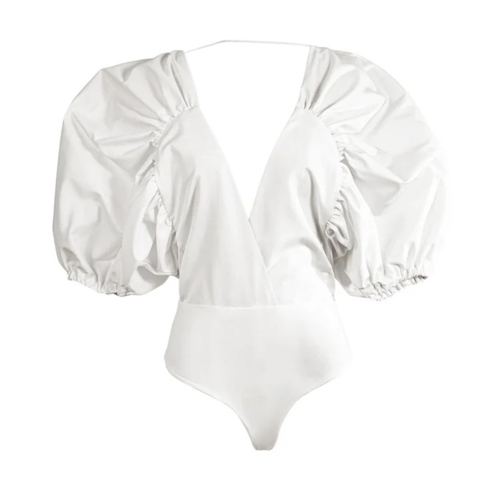 Kittenish by Jessie Decker Puffer Sleeve White Bodysuit Size Medium